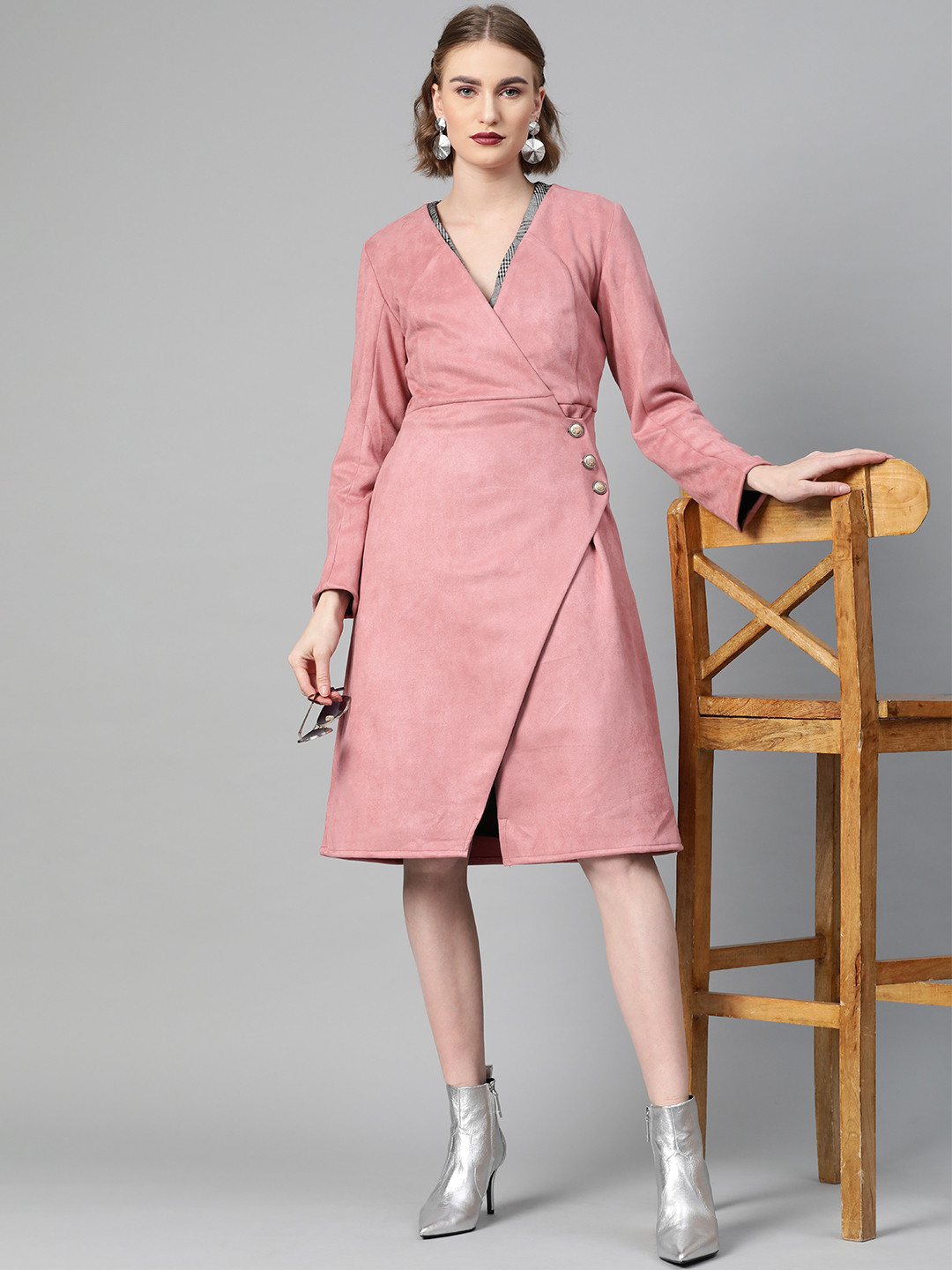 Athena Women Dusty Pink Suede Finish Solid Wrap Coat