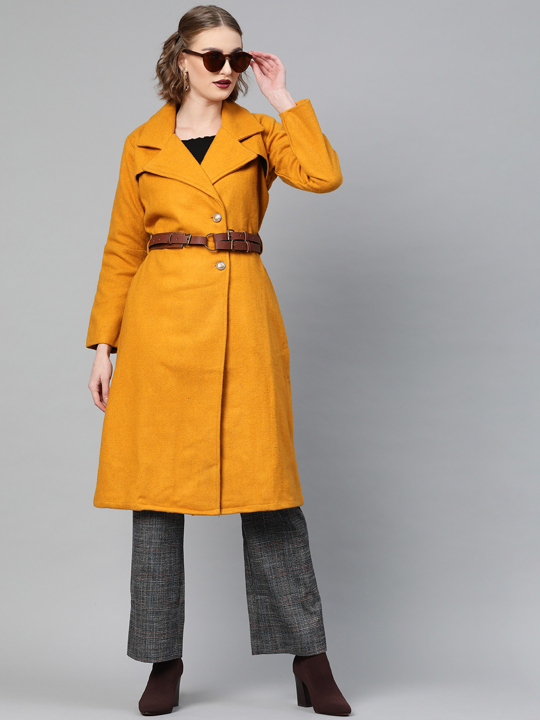 Athena Women Yellow Solid Single-Breasted Overcoat