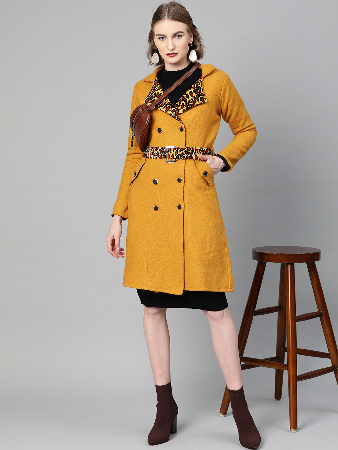 Athena Mustard Yellow Animal Print Detail Overcoat
