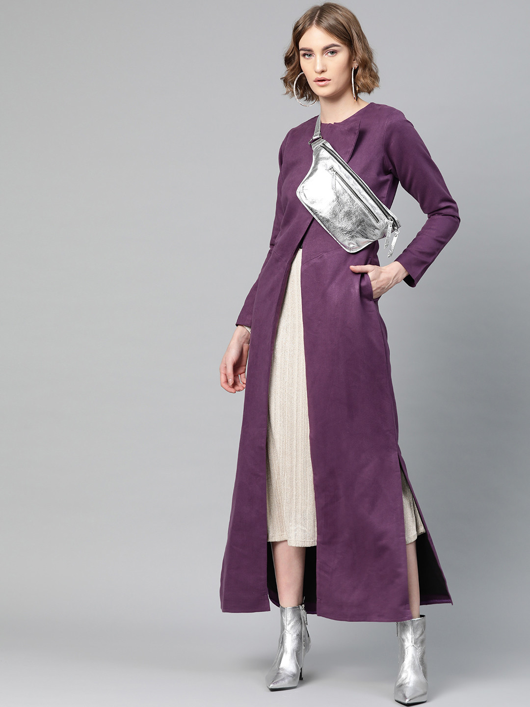 Athena Women Purple Solid Suede Longline Overcoat