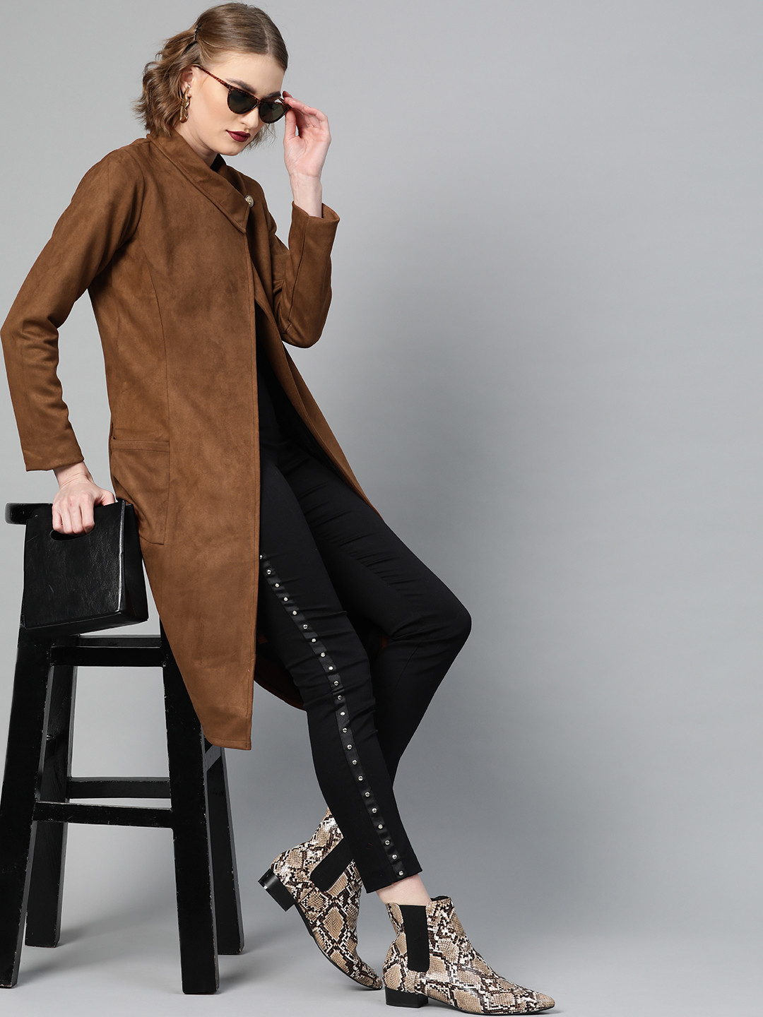 Athena Women Brown Suede Finish Solid Overcoat
