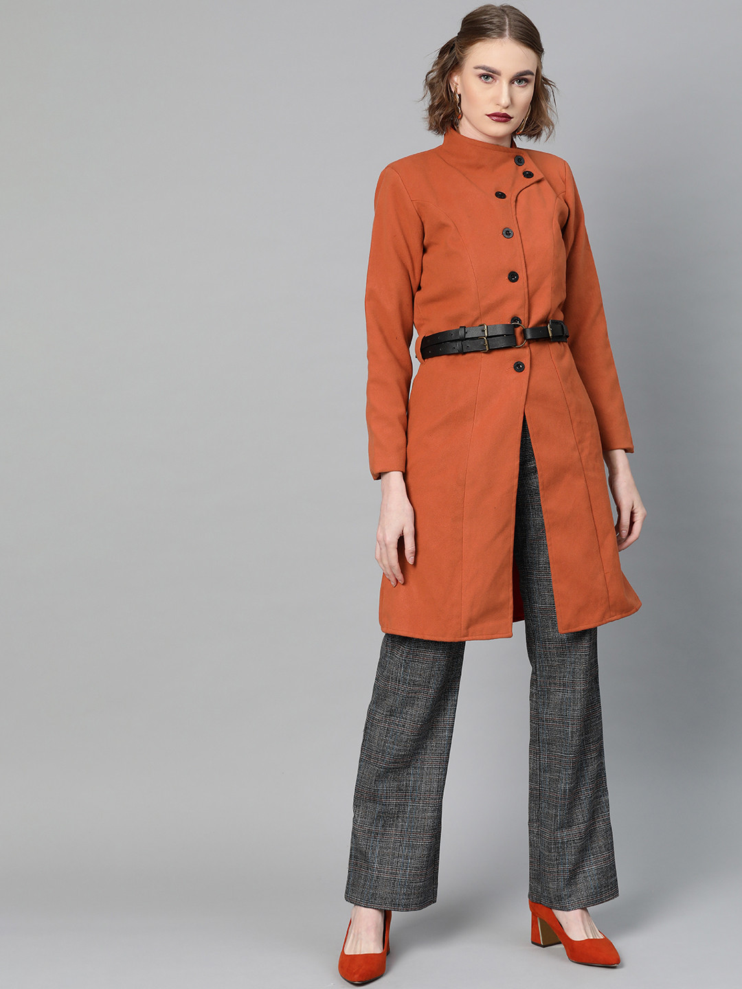 Athena Women Rust Orange Solid Overcoat