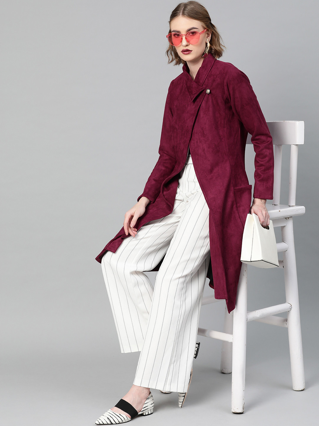 Athena Women Maroon Suede Finish Solid Overcoat