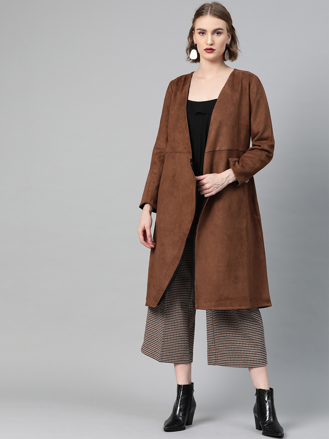 Athena Women Brown Suede Finish Solid Wrap Coat
