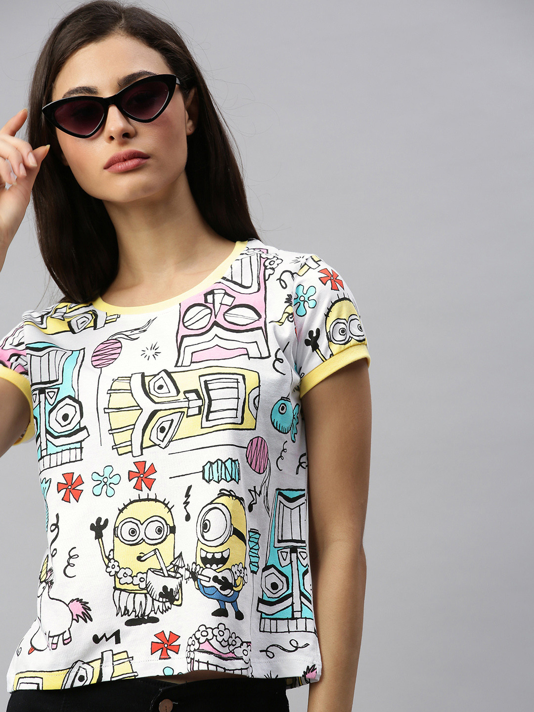 Minions by Kook N Keech Women White Printed Round Neck Pure Cotton T-shirt