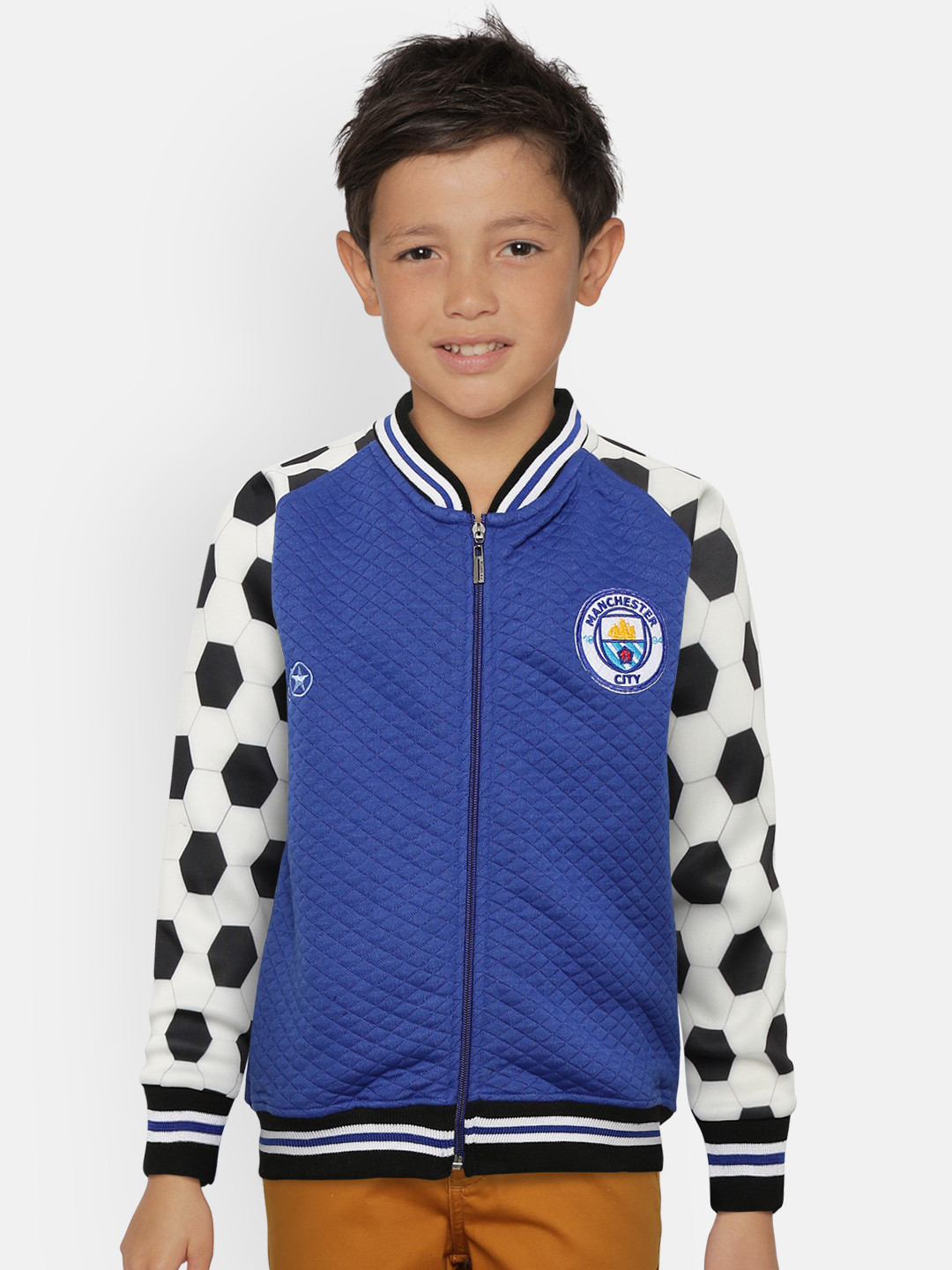 GAME BEGINS Boys Blue & White Quilted Front-Open Sweatshirt with Printed Detail