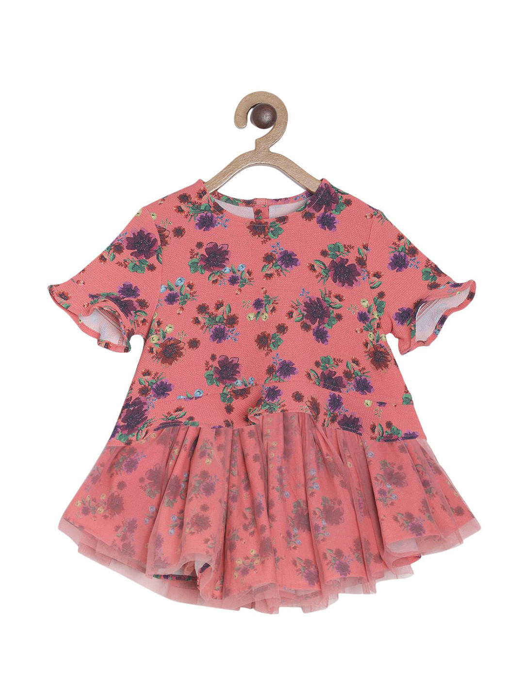 Mini Klub Girls Pink & Purple Floral Printed Top With Skirt