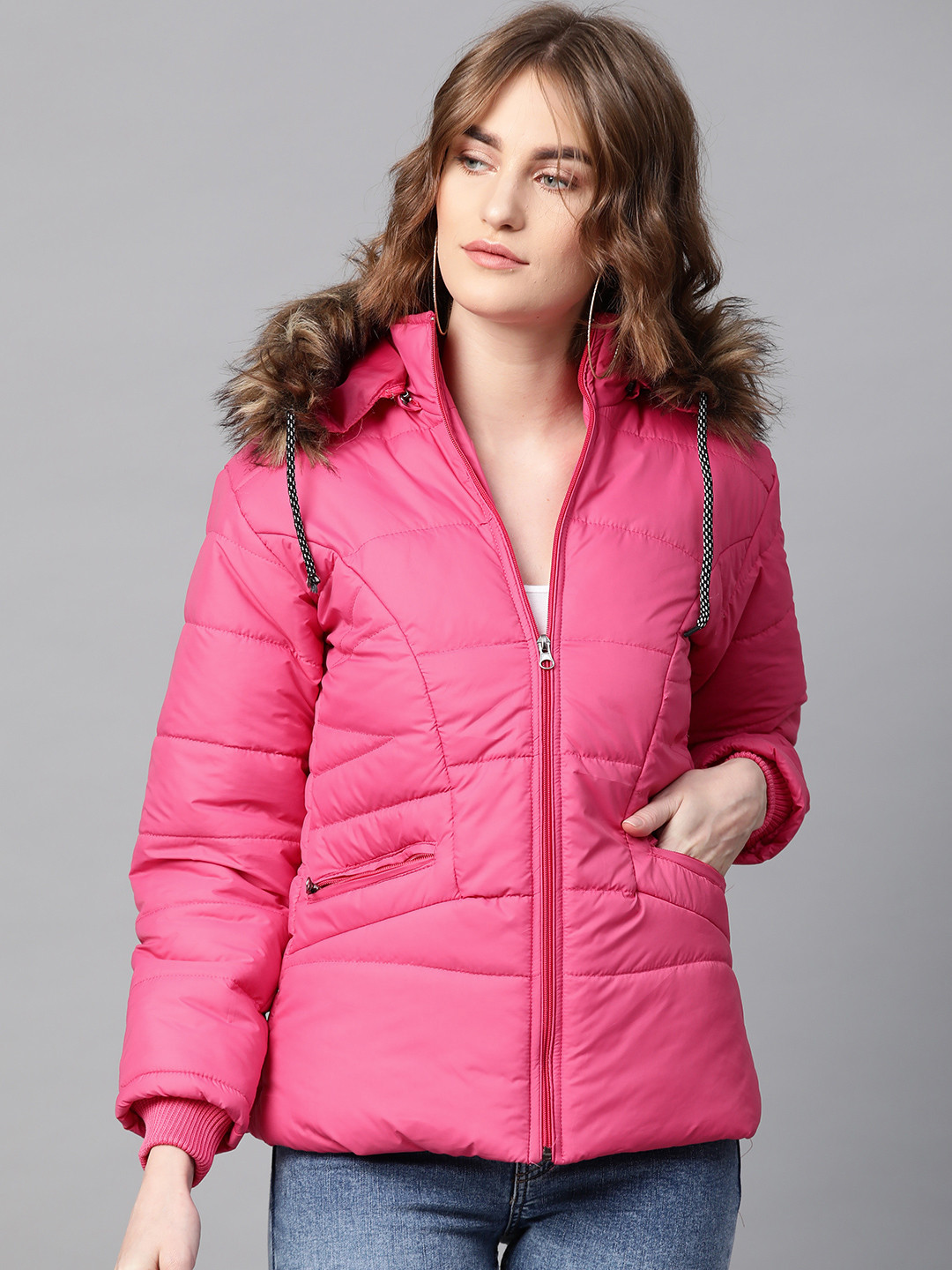VOXATI Women Pink Solid Faux Fur Hooded Parka Jacket