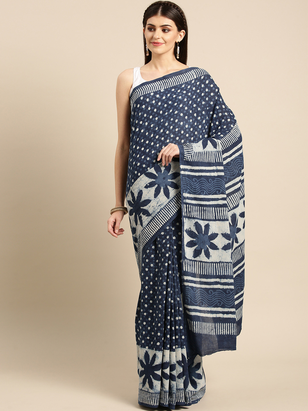 FIROZA Blue & Off-White Printed Dabu Saree