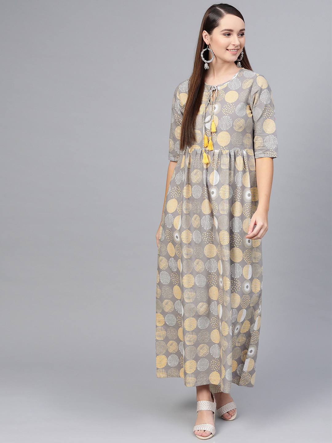 AASI - HOUSE OF NAYO Women Grey & Yellow Printed Maxi Ethnic Dress