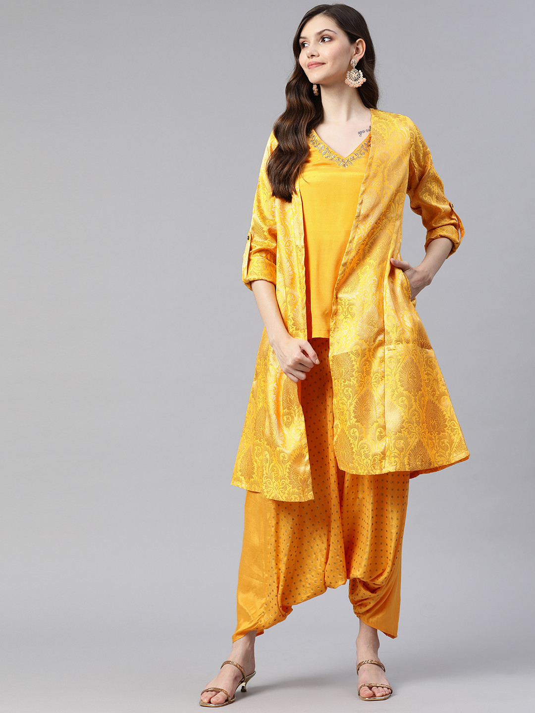 Rangriti Women Ethnic Motifs Woven Design Kurti with Dhoti Pants & Jacket