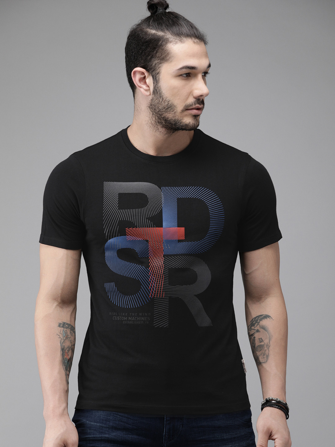 The Roadster Lifestyle Co Men Black Brand Carrier Printed Round Neck  Cotton T-shirt