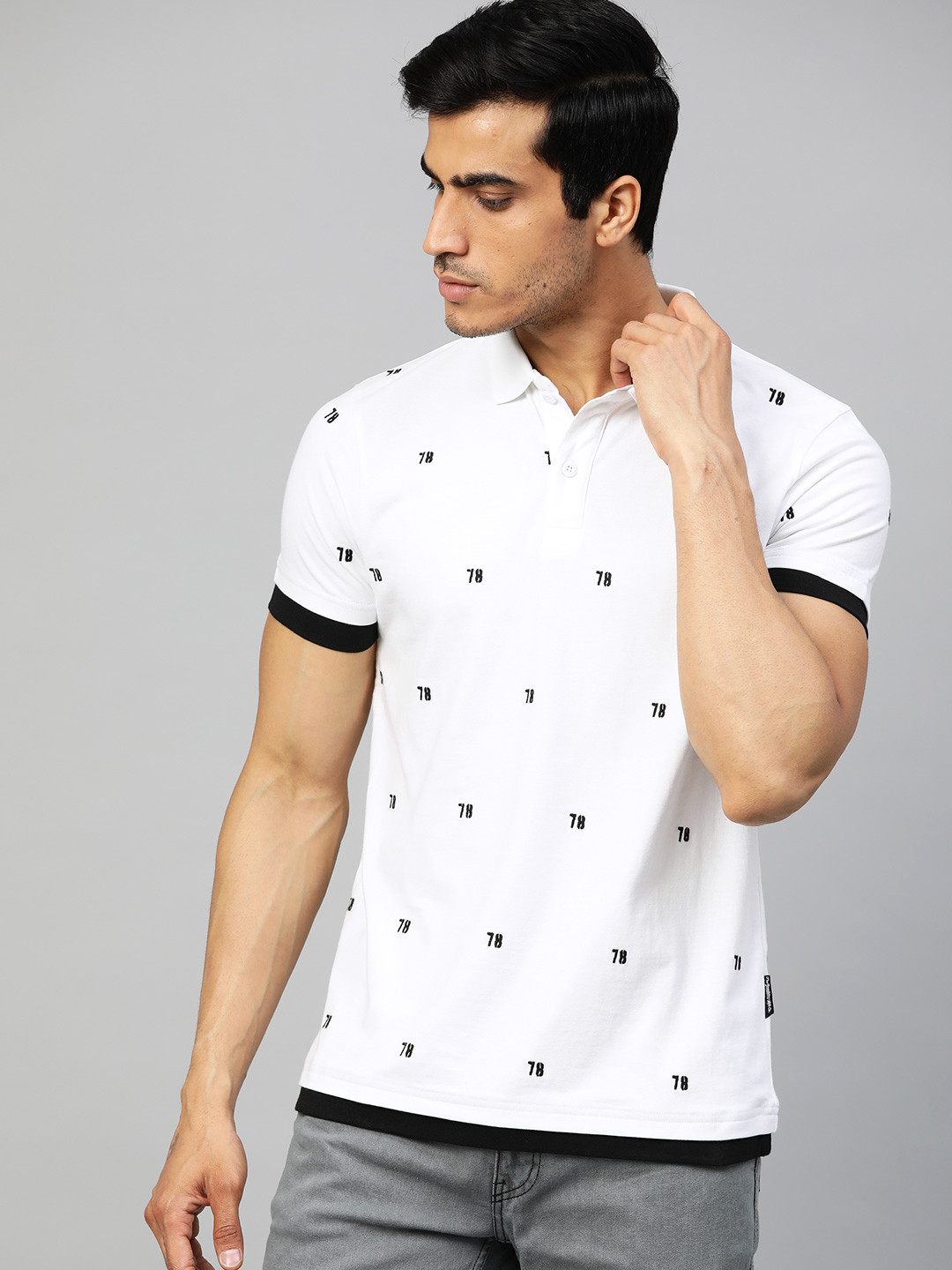 The Roadster Lifestyle Co Men White & Black Embroidered Polo Collar T-shirt
