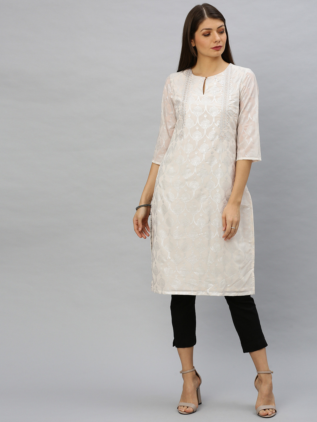 W Women Off-White Printed Straight Kurta with Embroidery Detail