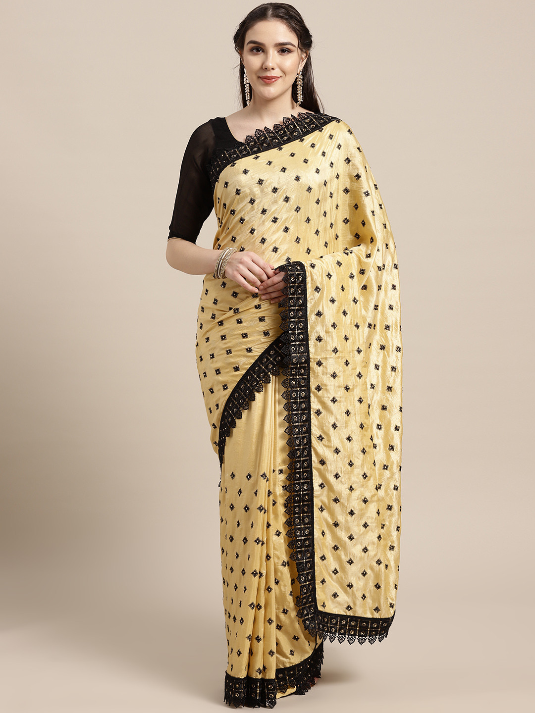 Chhabra 555 Beige & Black Resham Embroidered Saree