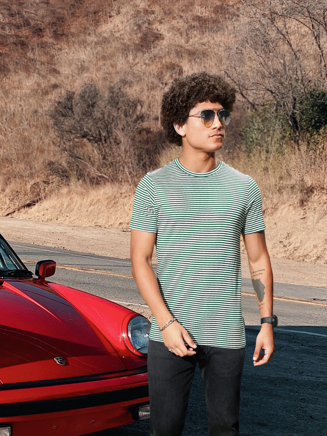 The Roadster Lifestyle Co Men Green & White Striped Round Neck T-shirt