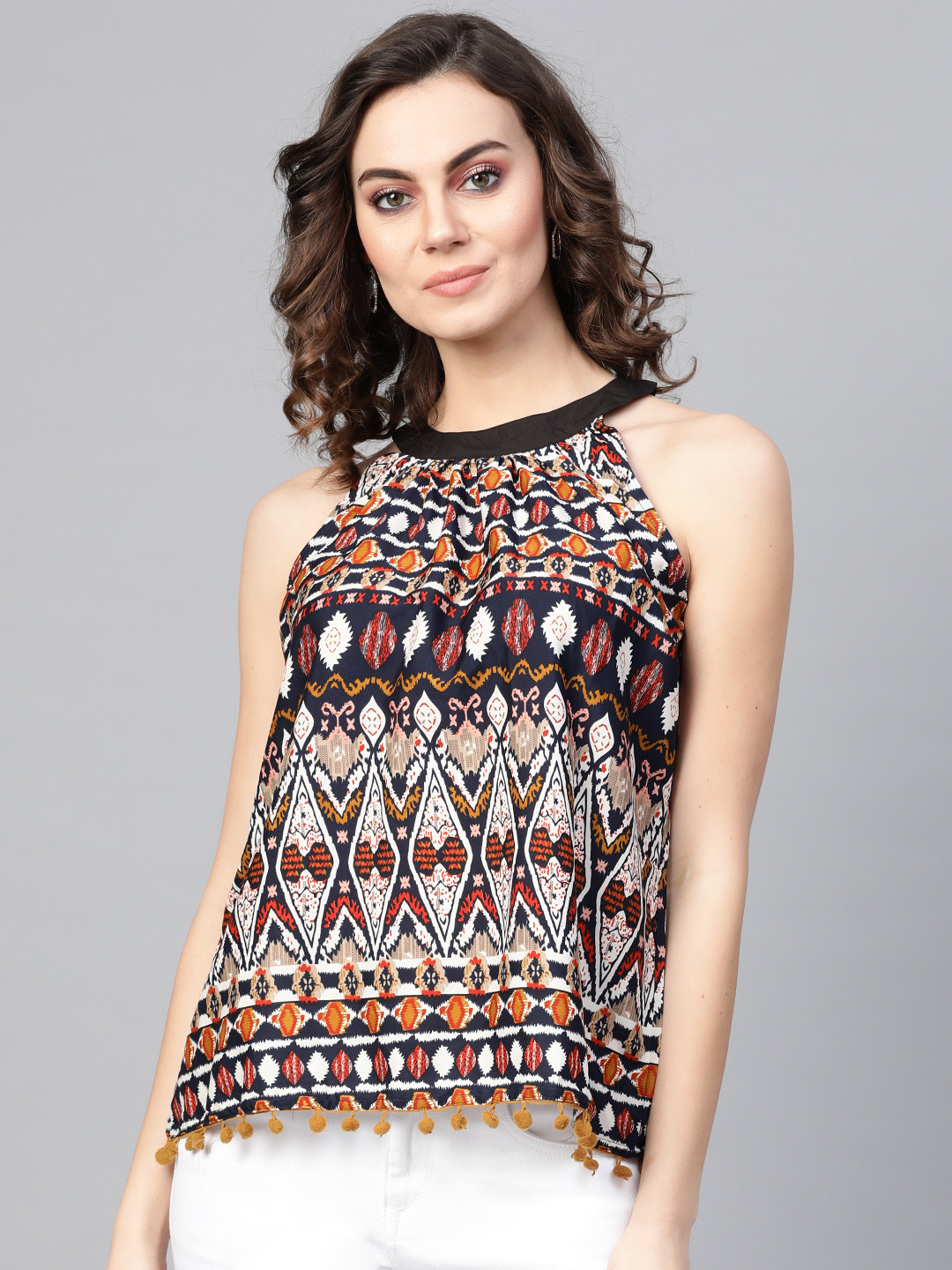 Pannkh Women Navy Blue & White Printed A-Line Top