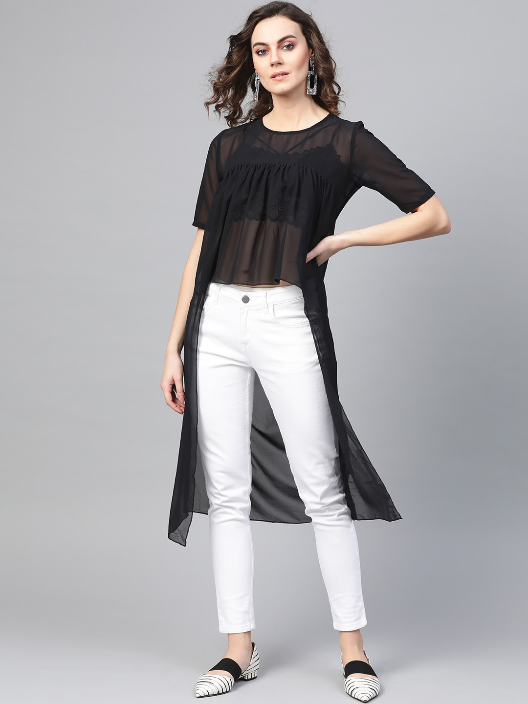 Pannkh Women Black Solid Longline High-Low Top