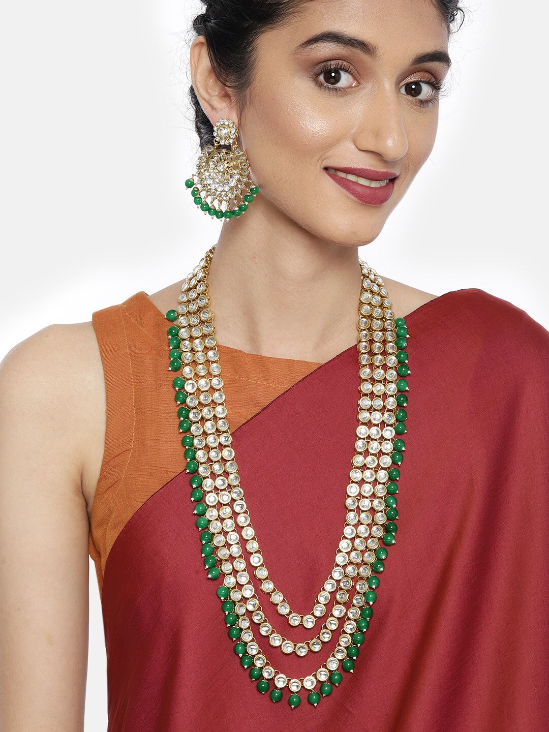 Zaveri Pearls Gold-Plated & Green Kundan Beaded Layered Jewellery Set