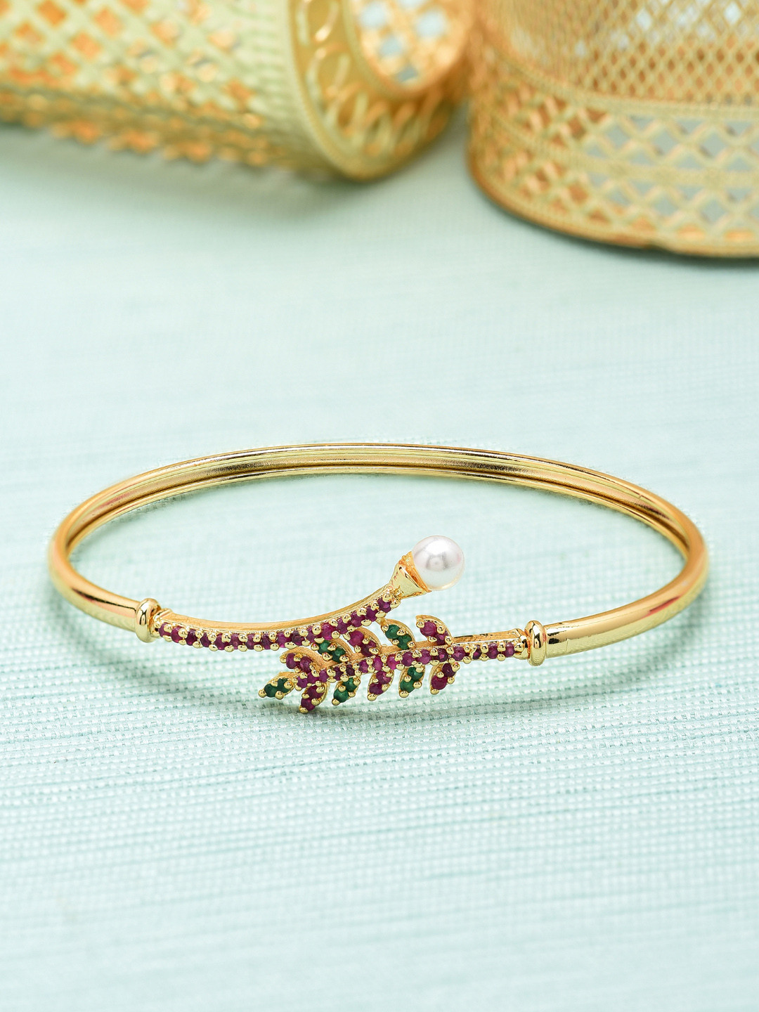 Zaveri Pearls Gold-Toned & Pink Cubic Zirconia Studded Kada Bracelet