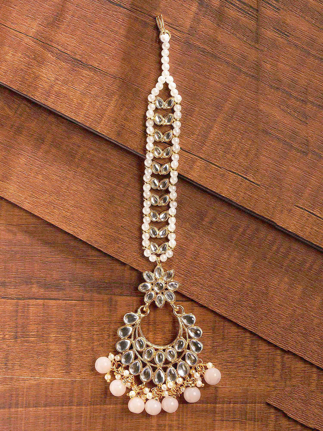 Zaveri Pearls Gold-Toned & Pink Kundan & Dangling Beaded Maangtikka