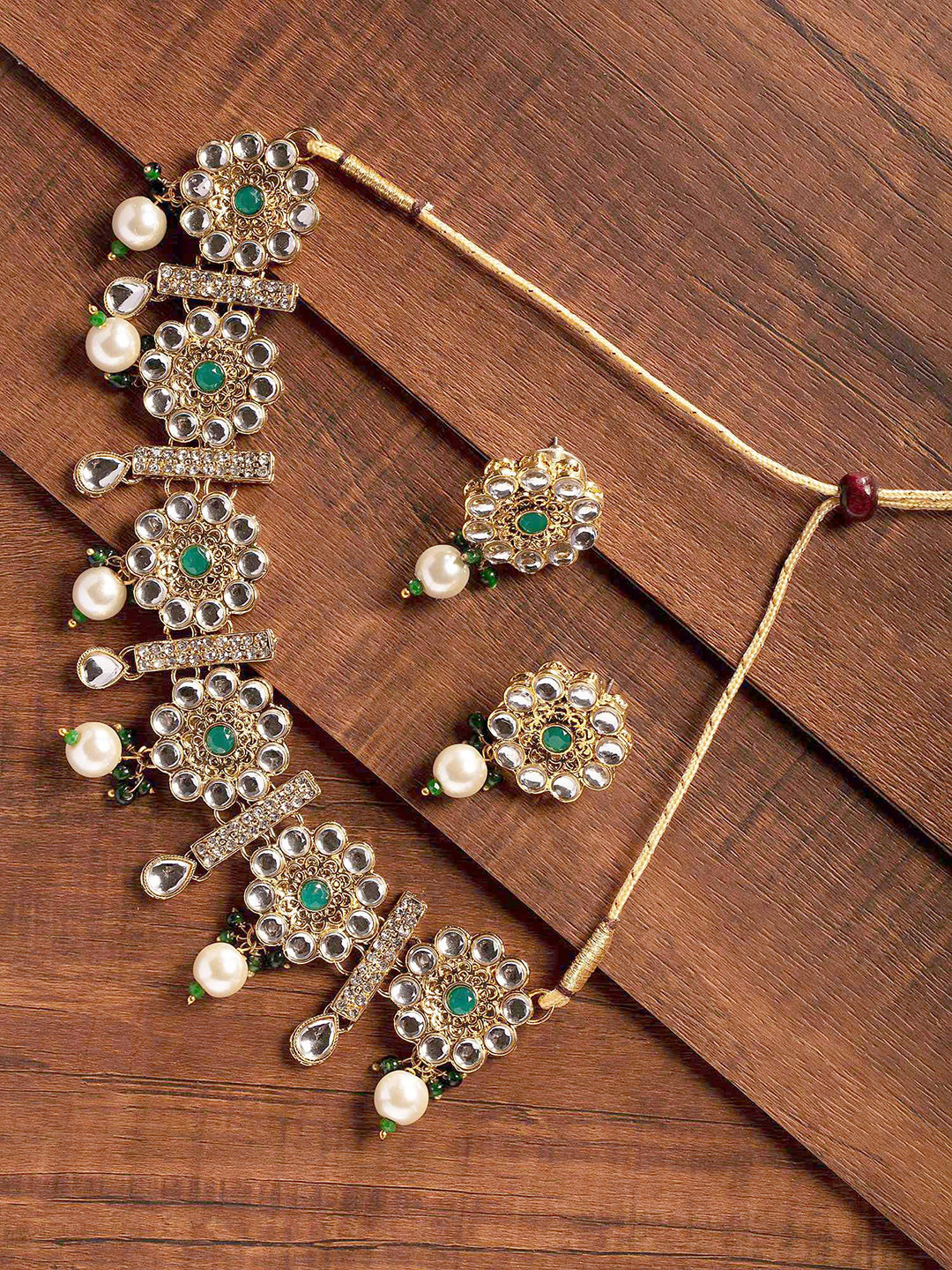 Zaveri Pearls Gold-Toned & Green Floral Design Jewellery Set