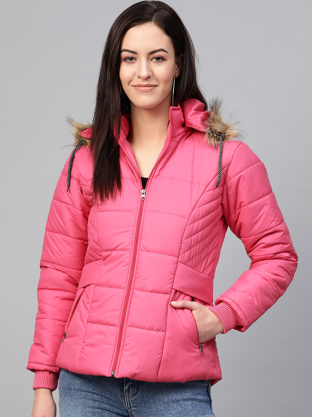 VOXATI Women Pink Solid Parka Jacket with Detachable Hood