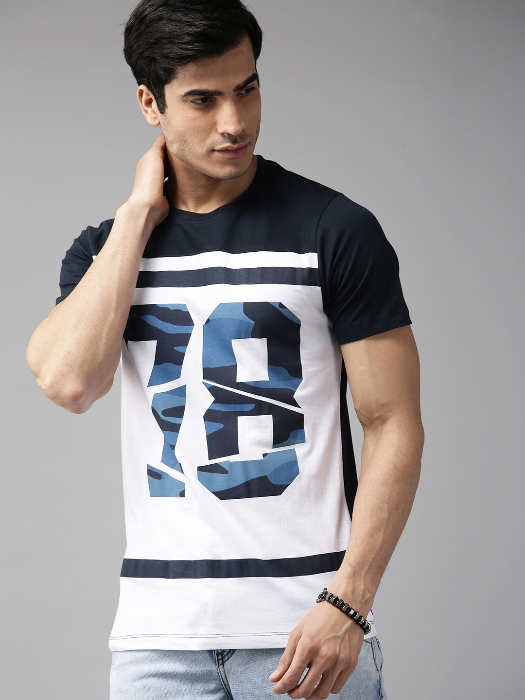 The Roadster Lifestyle Co Men White  Blue Varsity Printed Round Neck Pure Cotton T-shirt