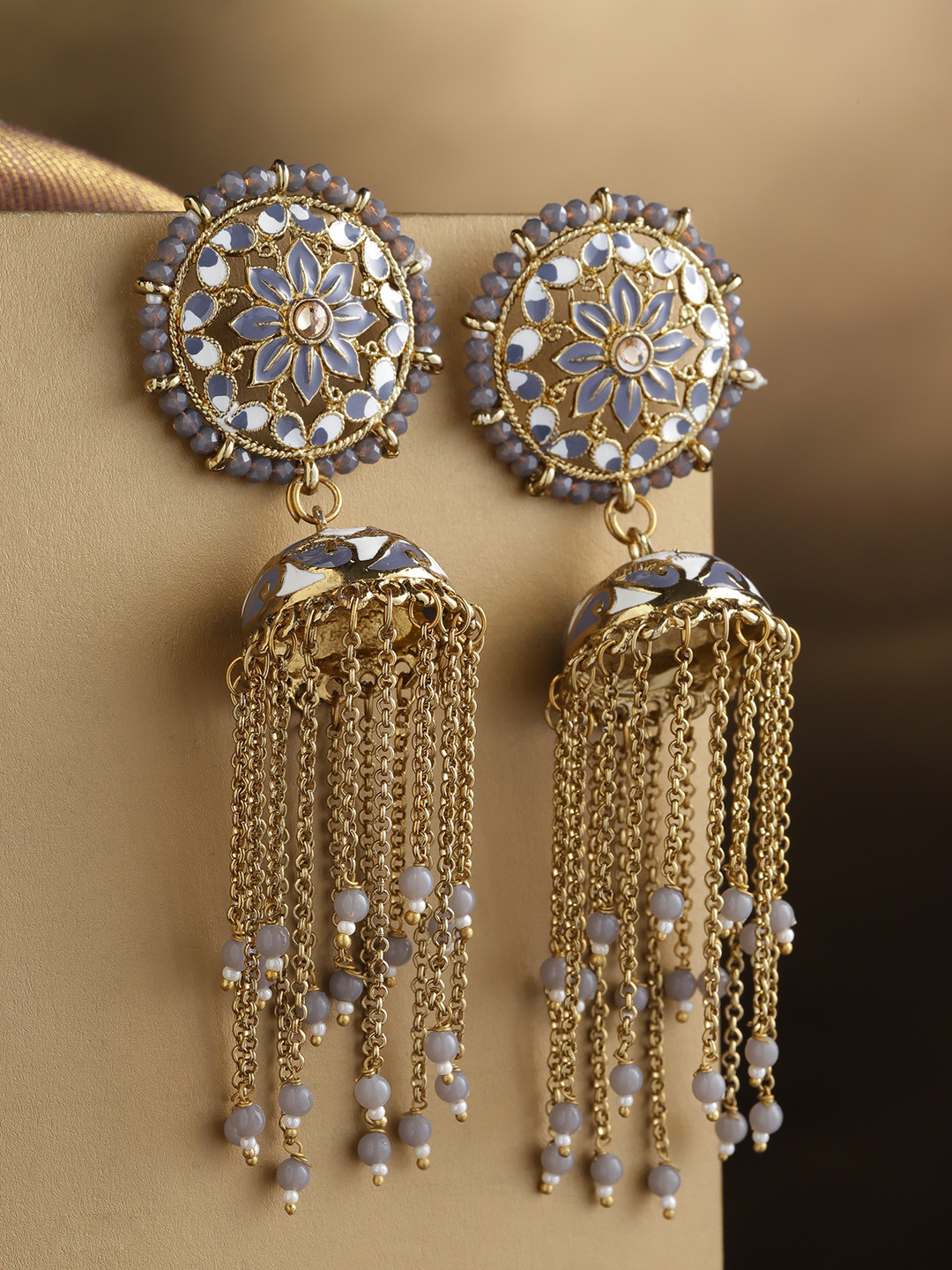 Priyaasi Grey Gold-Plated Enamelled Stone Studded & Beaded Dome Shaped Jhumkas