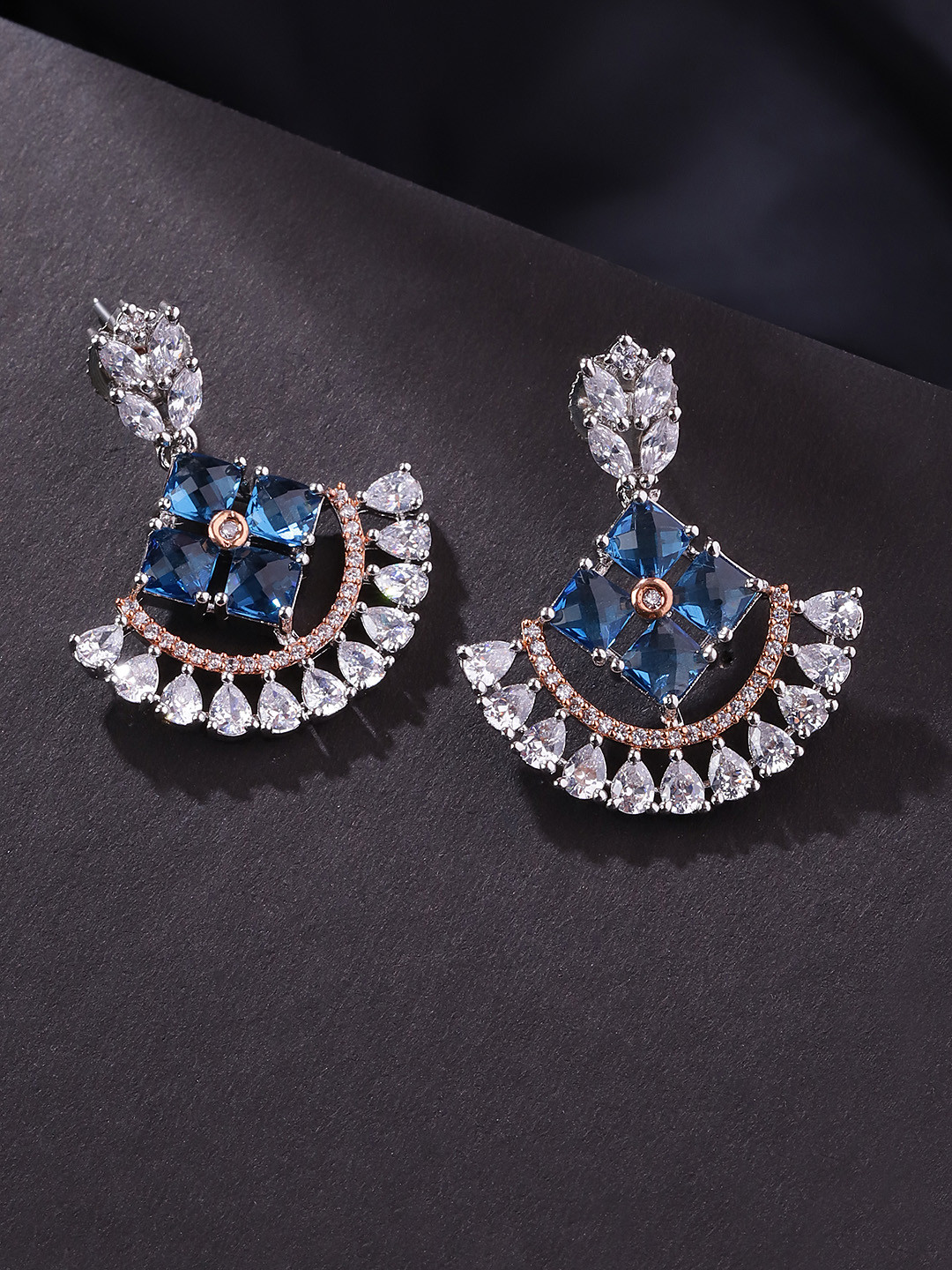 Priyaasi Blue Silver-Plated CZ Studded Contemporary Drop Earrings