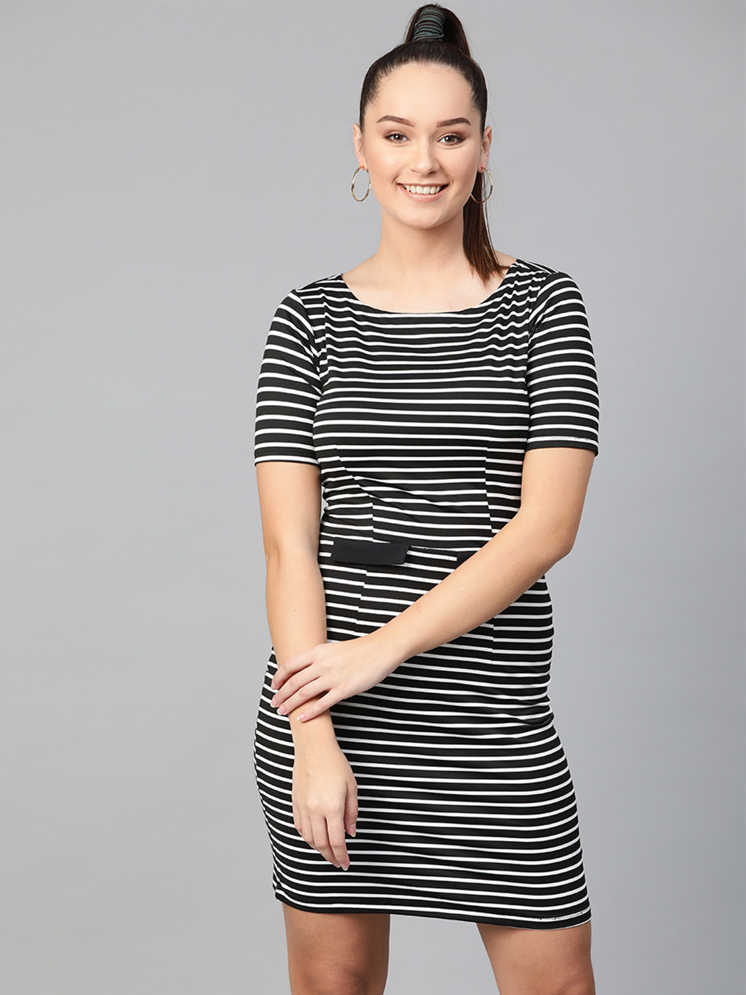 Zima Leto Women Black & White Striped Bodycon Dress