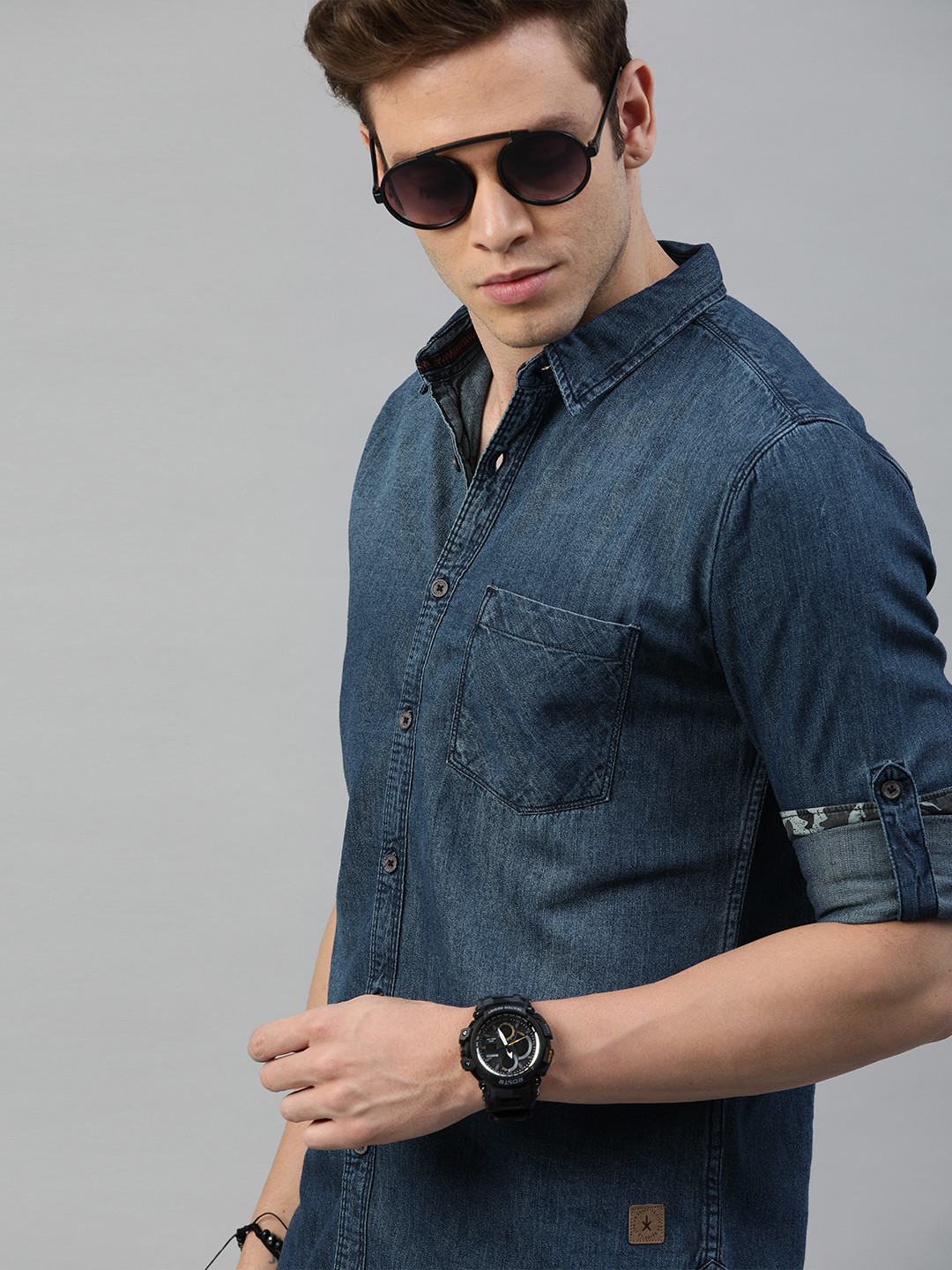 Roadster Men Blue Regular Fit Solid Casual Denim Shirt