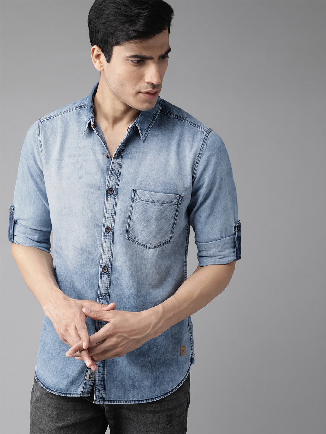 Roadster Men Blue Regular Fit Denim Washed Casual Shirt