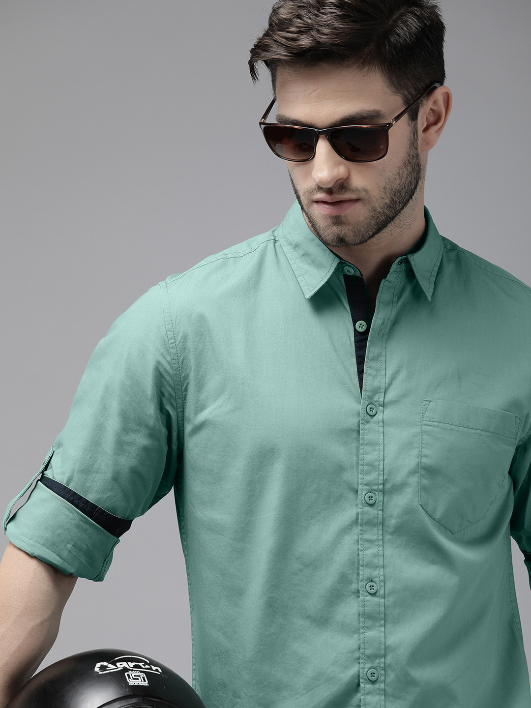 Roadster Men Sea Green Solid Pure Cotton Casual Shirt