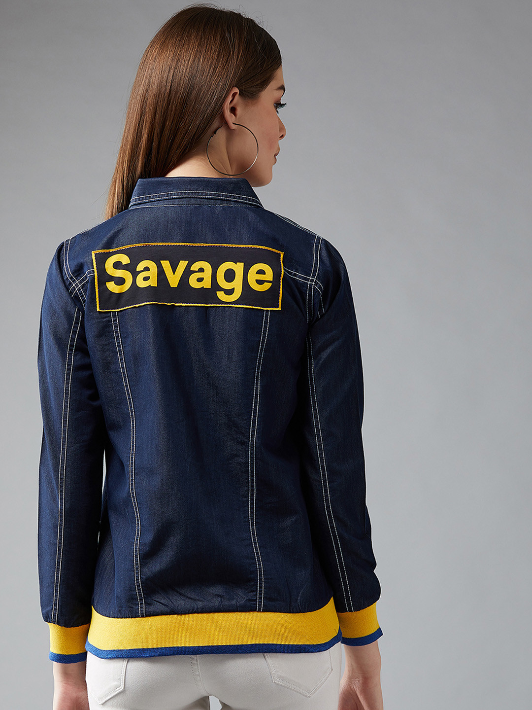 DOLCE CRUDO Women Navy Blue & Yellow Colourblocked Denim Jacket