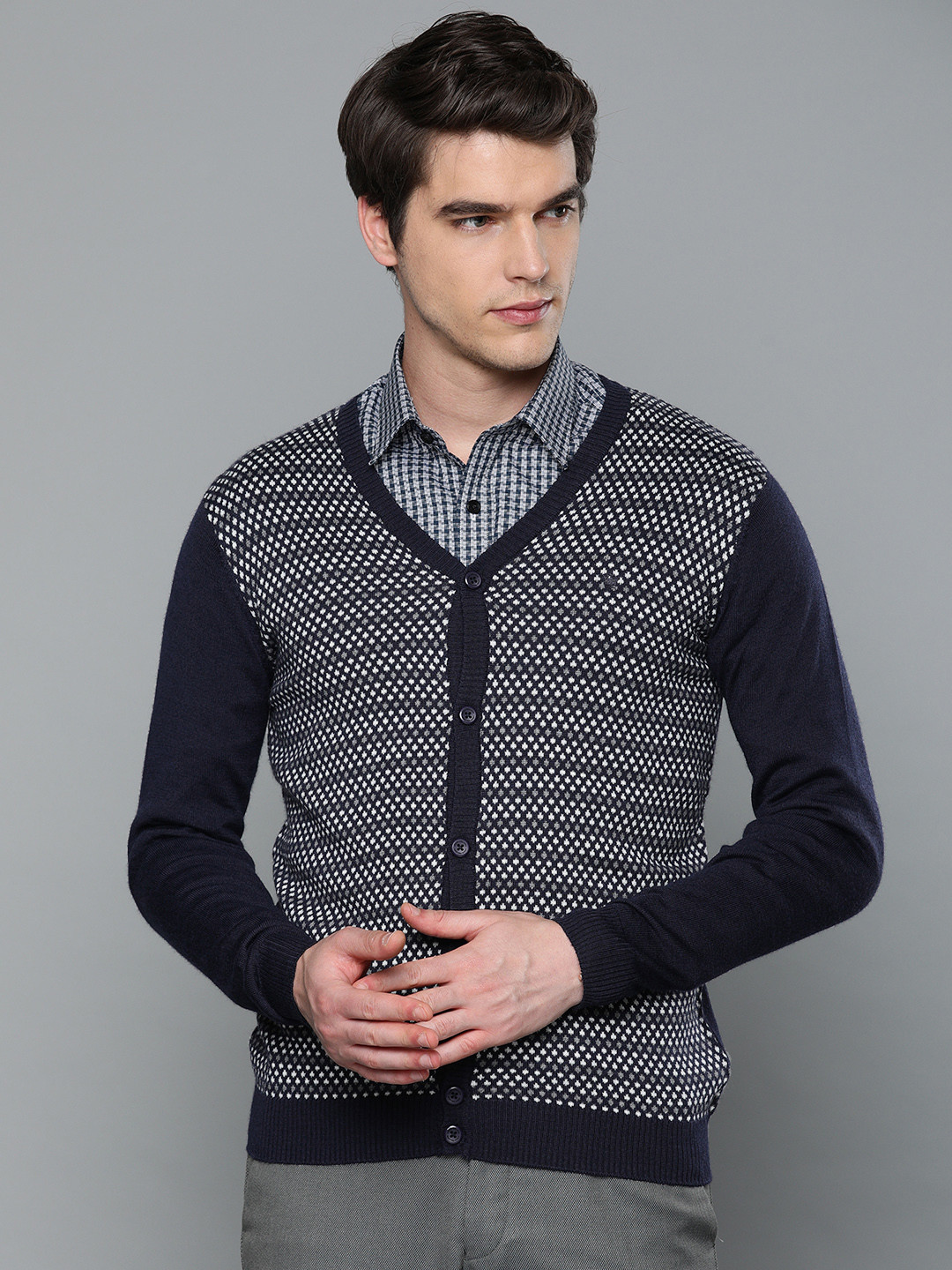 Louis Philippe Men Navy & White Blue Self Design Cardigan Sweater