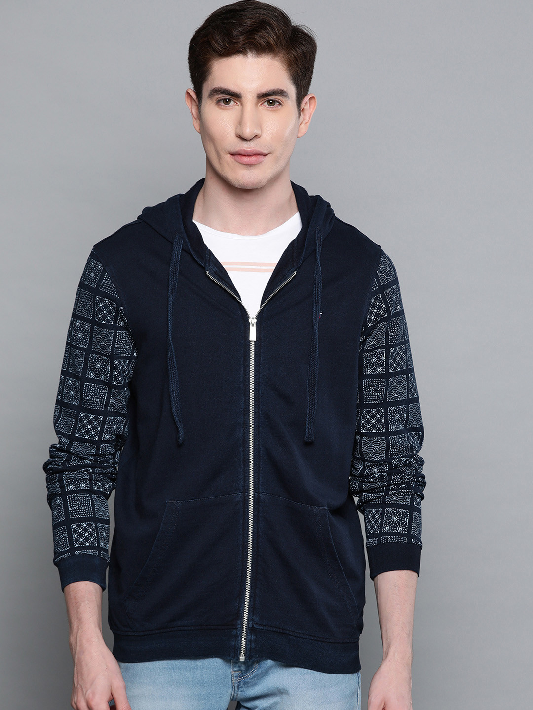 Louis Philippe Jeans Men Navy Blue Solid Hooded Sweatshirt