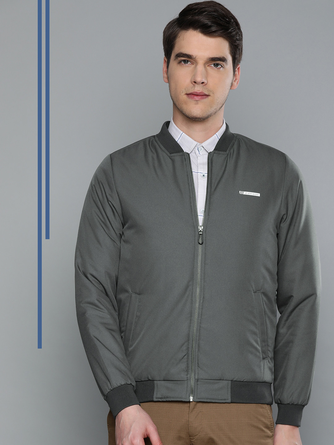 Louis Philippe Ath.Work Sport Charcoal Grey Men Solid Super Slim Fit Bomber Jacket