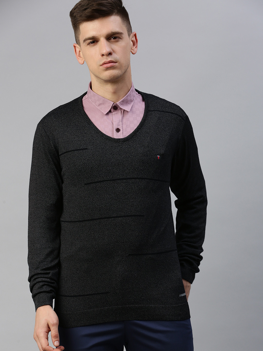 Louis Philippe Ath.Work Men Charcoal Grey Striped Pullover Sweater