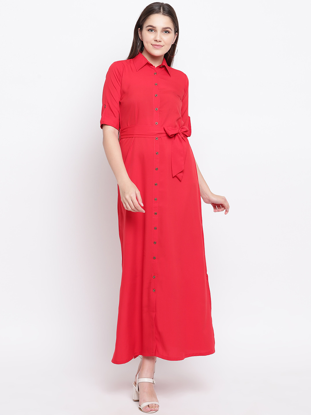 Uptownie Lite Women Red Button Down Shirt Maxi Dress