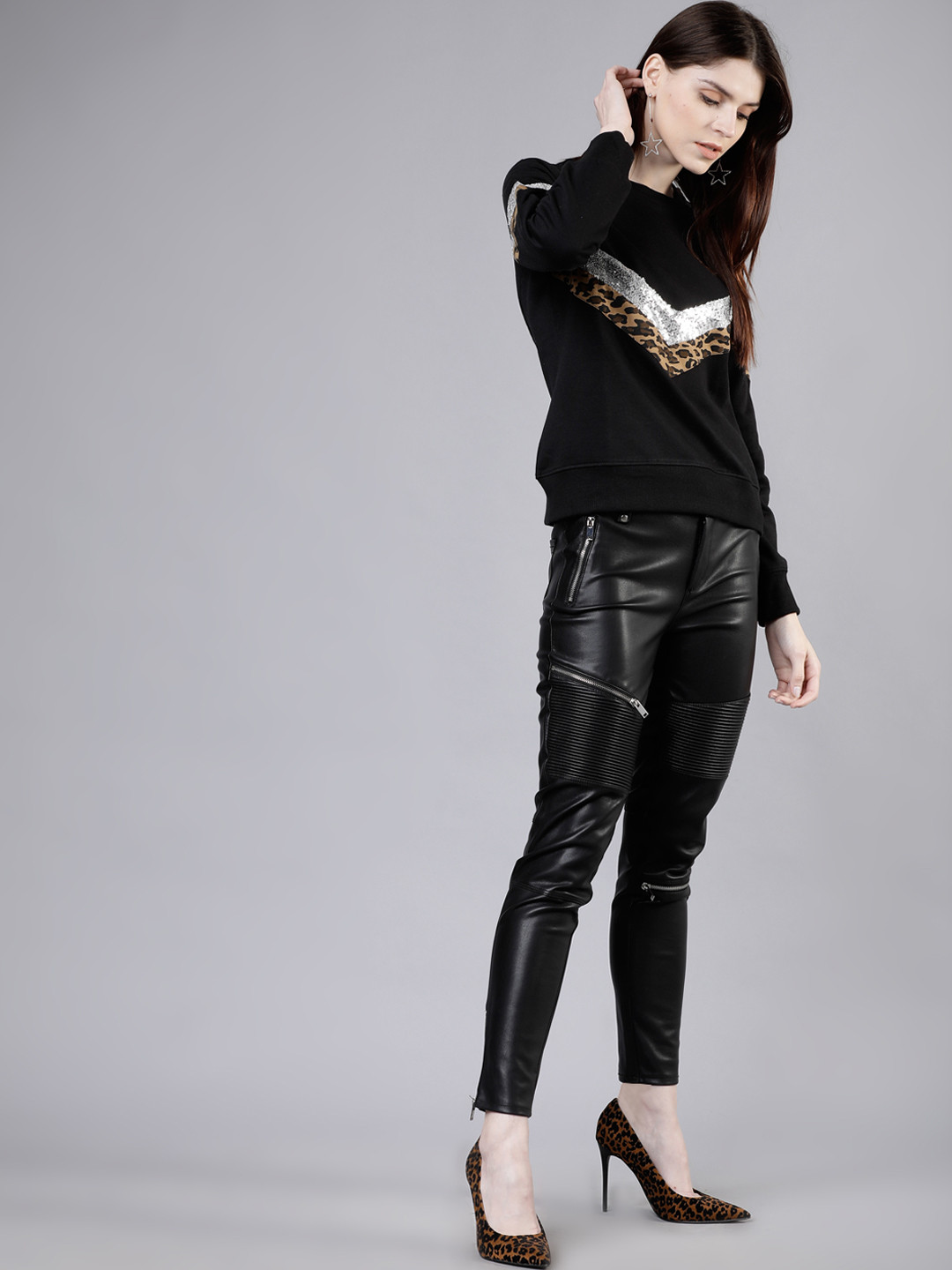 Tokyo Talkies Women Black & Silver-Toned Printed Camouflage & Sequinned Sweatshirt