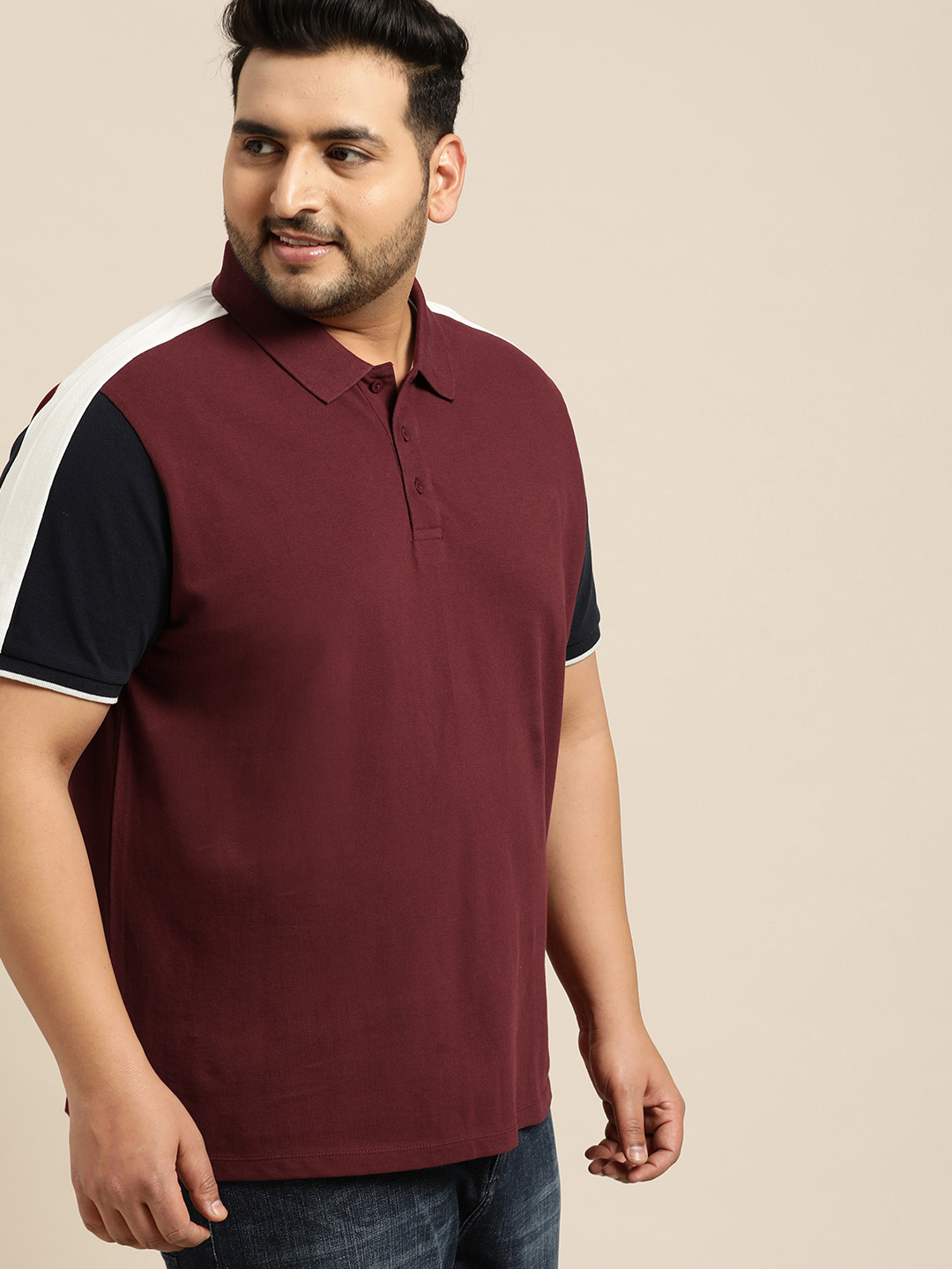 Sztori Plus Size Men Burgundy Solid Polo Collar T-shirt