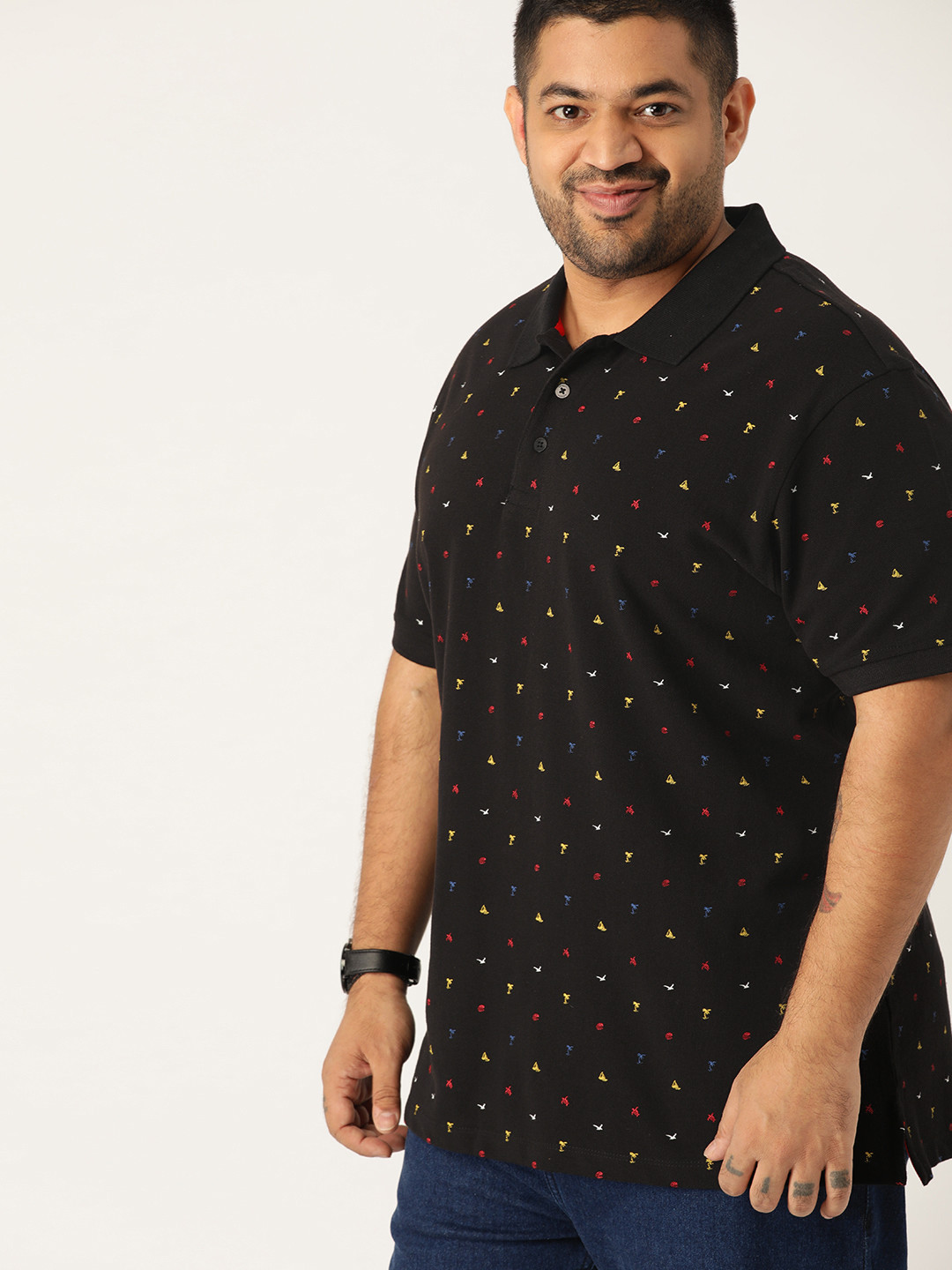Sztori Plus Size Men Black Conversational Printed Polo Collar Pure Cotton T-shirt