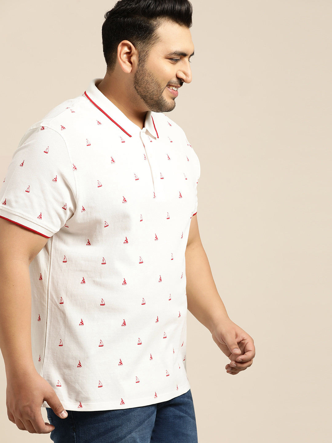 Sztori Plus Size Men White Red Printed Polo Collar T-shirt
