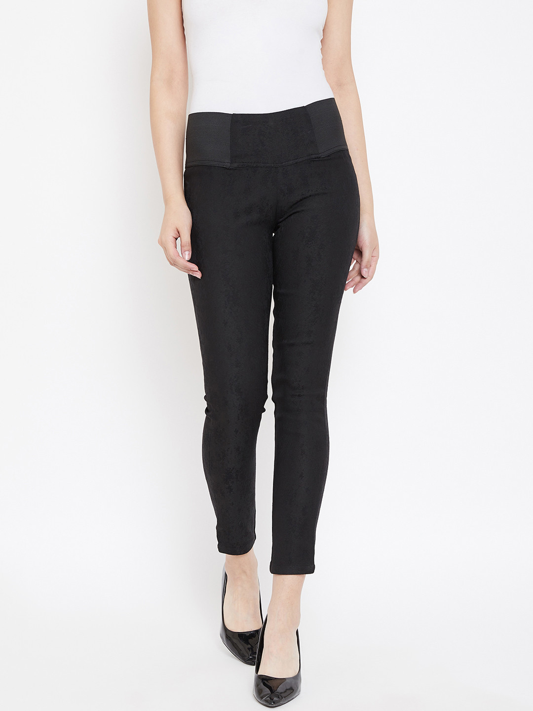 urSense Women Black Self Design Slim-Fit Treggings