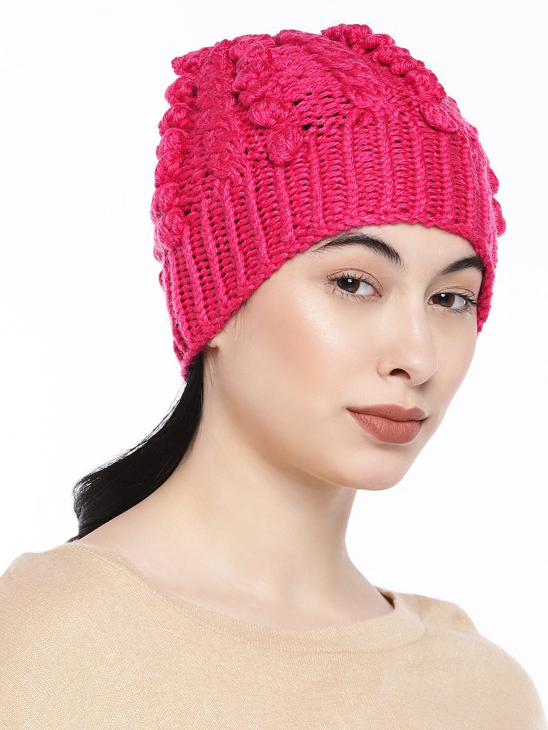 Magic Needles Women Fuchsia Pink Self Design Beanie