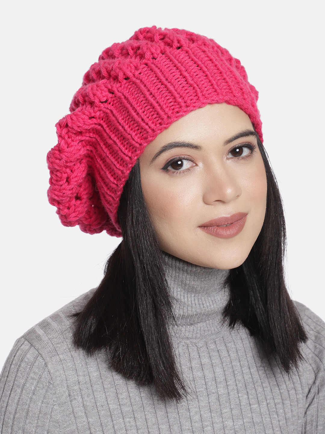 Magic Needles Women Fuchsia Pink Self Design Beanie