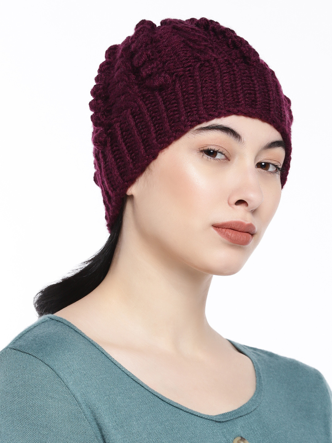 Magic Needles Women Burgundy Self Design Beanie