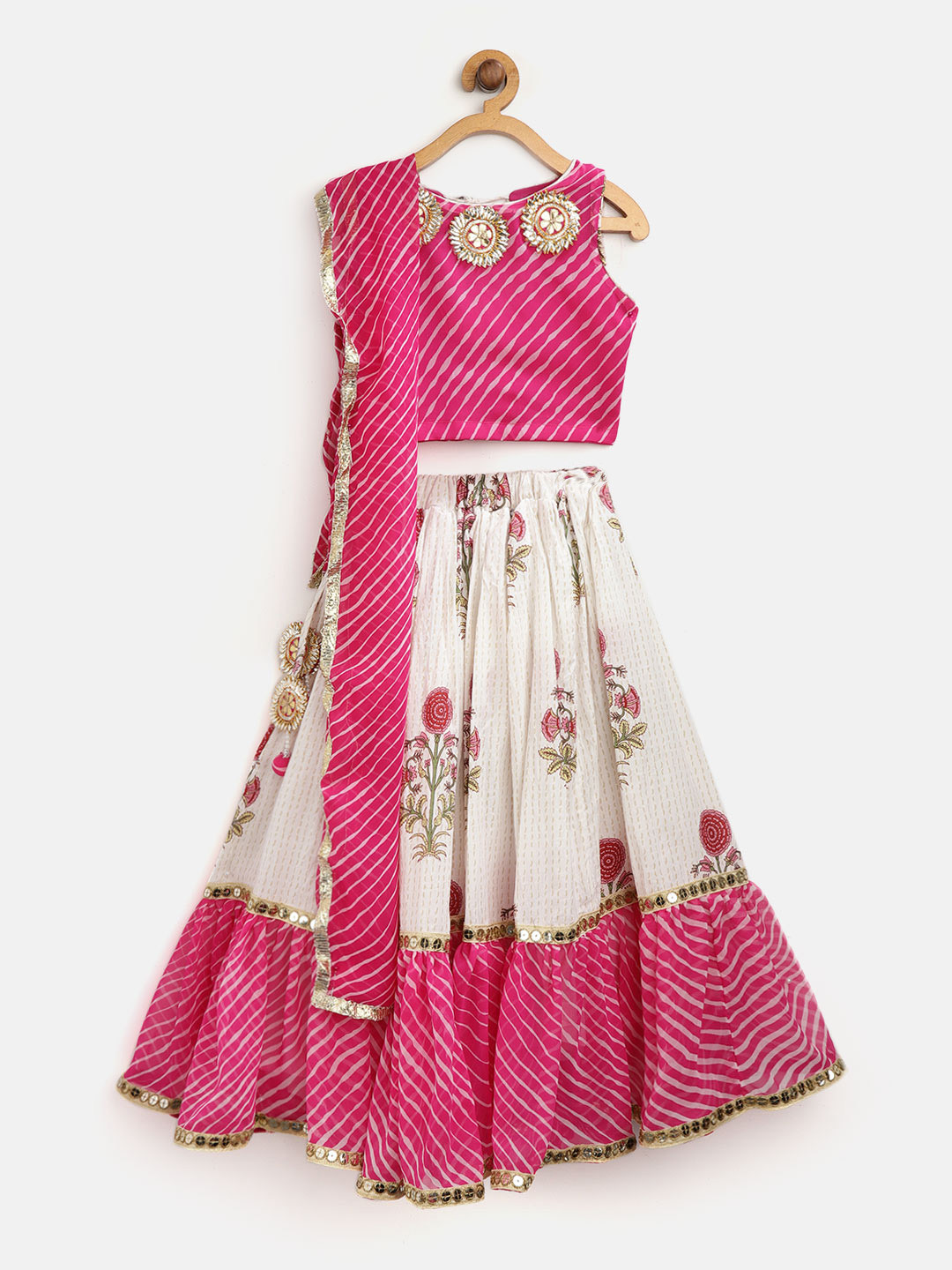 Fairies Forever Girls Off-White & Fuchsia Pink Ready to Wear Lehenga & Blouse with Dupatta