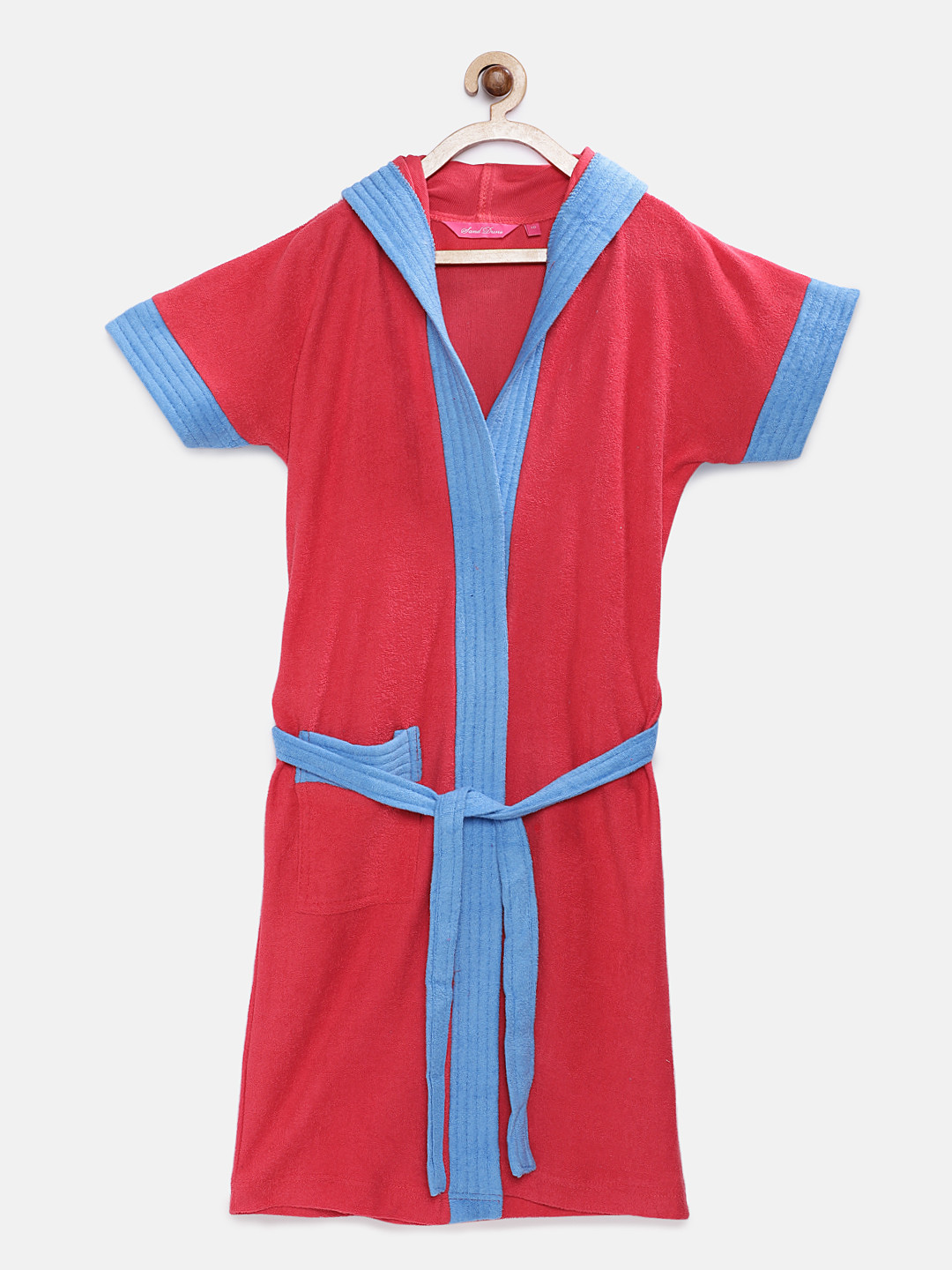 Sand Dune Red Solid Cotton Drawstring Knee Length Bath Robe-4Y